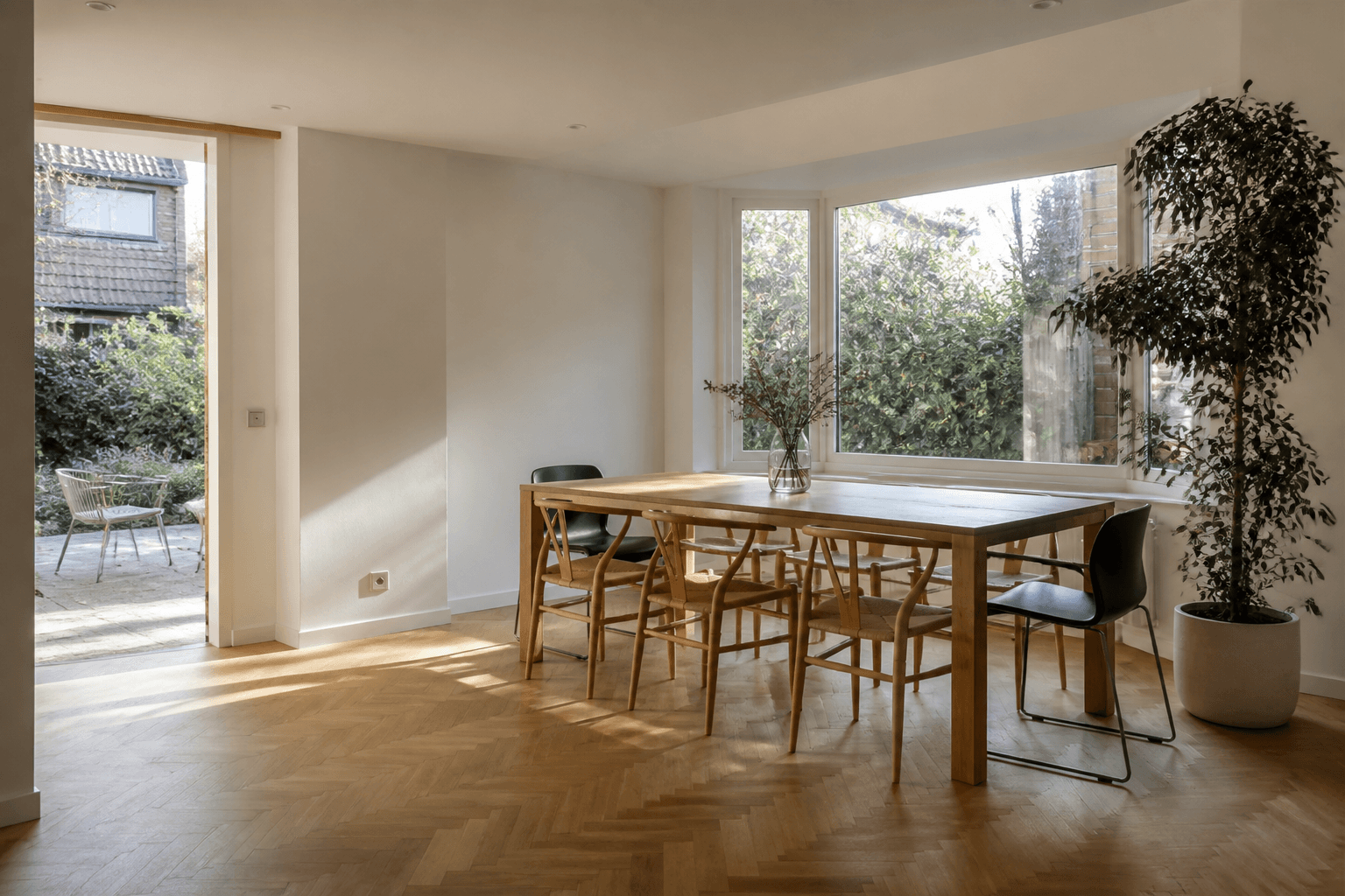 Interieur van de aanbouw in ochtendlicht