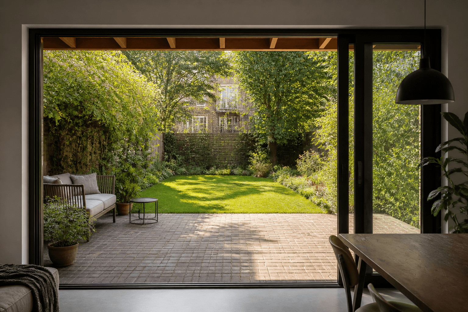 Uitzicht vanuit de aanbouw naar de tuin